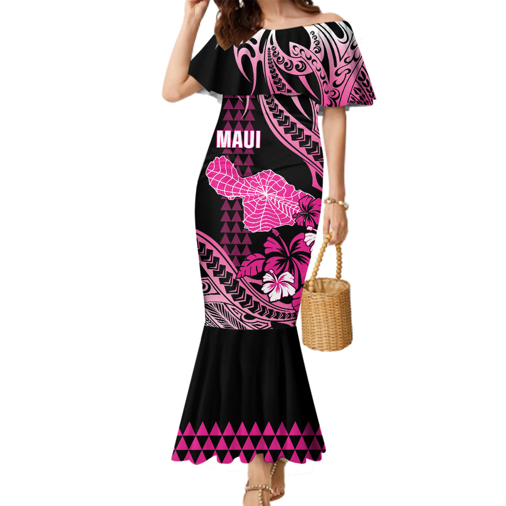 Hawaii Maui Upena Kiloi Family Matching Mermaid Dress and Hawaiian Shirt Kakau Tribal Pattern Pink Version