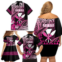 Hawaii Maui Upena Kiloi Family Matching Off Shoulder Short Dress and Hawaiian Shirt Kakau Tribal Pattern Pink Version