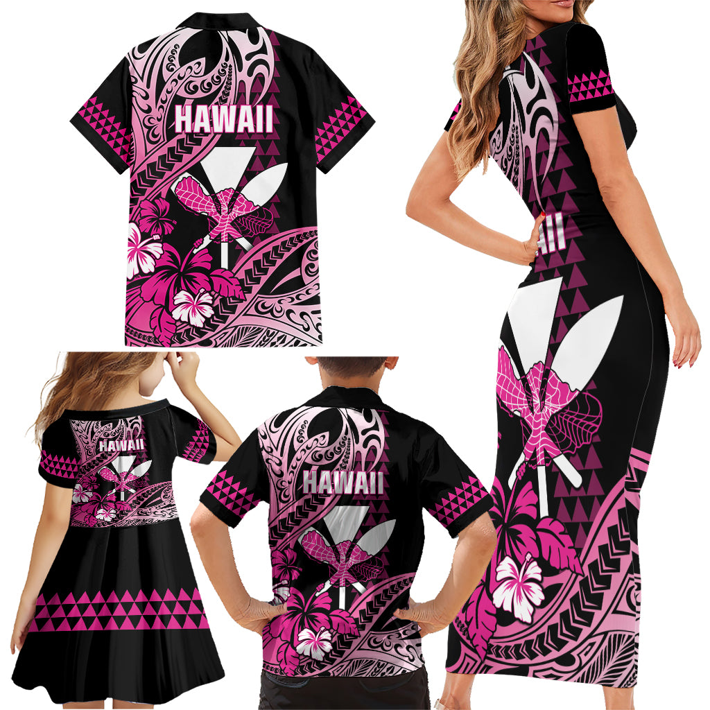 Hawaii Maui Upena Kiloi Family Matching Short Sleeve Bodycon Dress and Hawaiian Shirt Kakau Tribal Pattern Pink Version