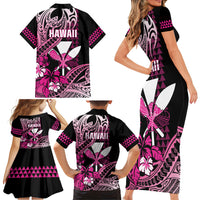 Hawaii Maui Upena Kiloi Family Matching Short Sleeve Bodycon Dress and Hawaiian Shirt Kakau Tribal Pattern Pink Version