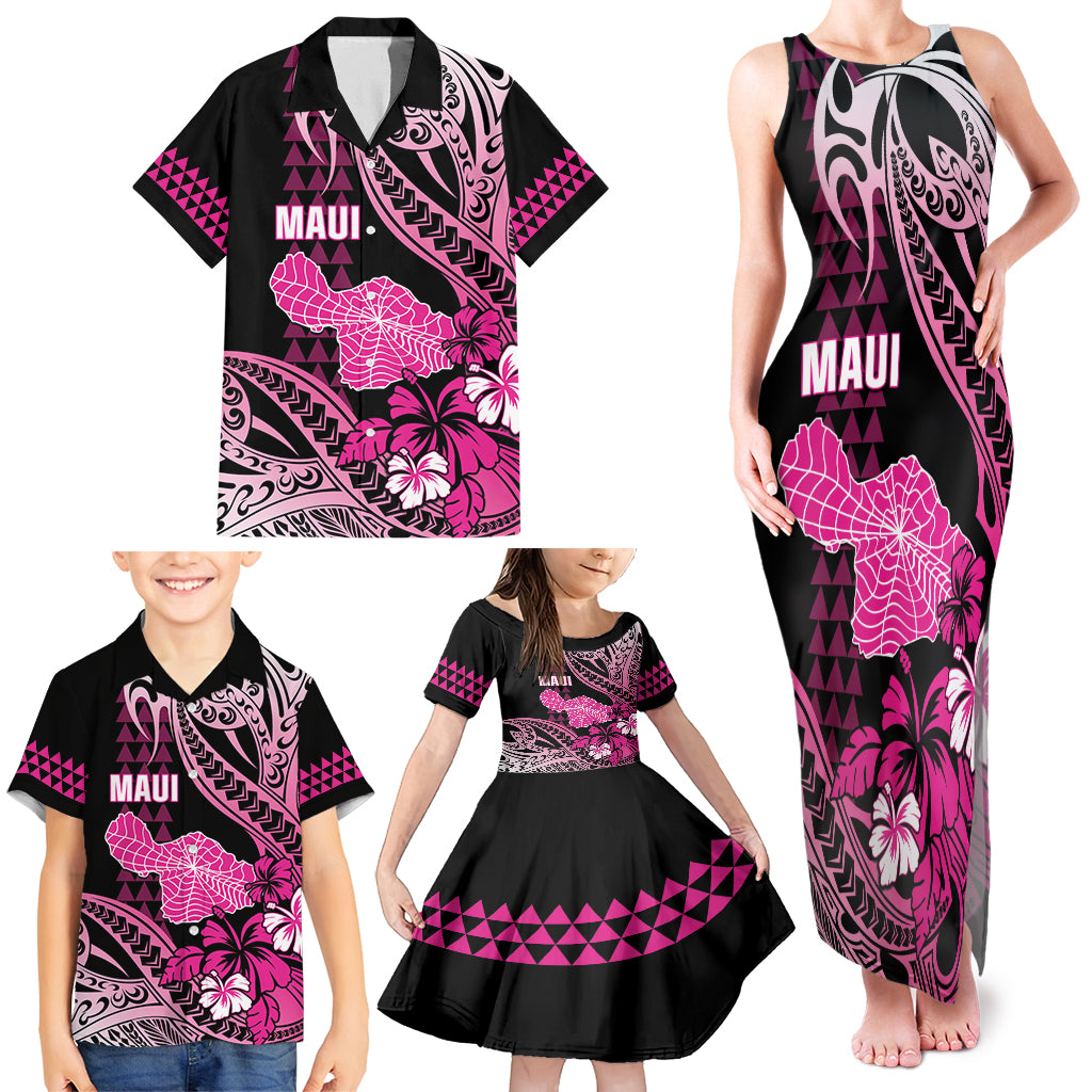 Hawaii Maui Upena Kiloi Family Matching Tank Maxi Dress and Hawaiian Shirt Kakau Tribal Pattern Pink Version