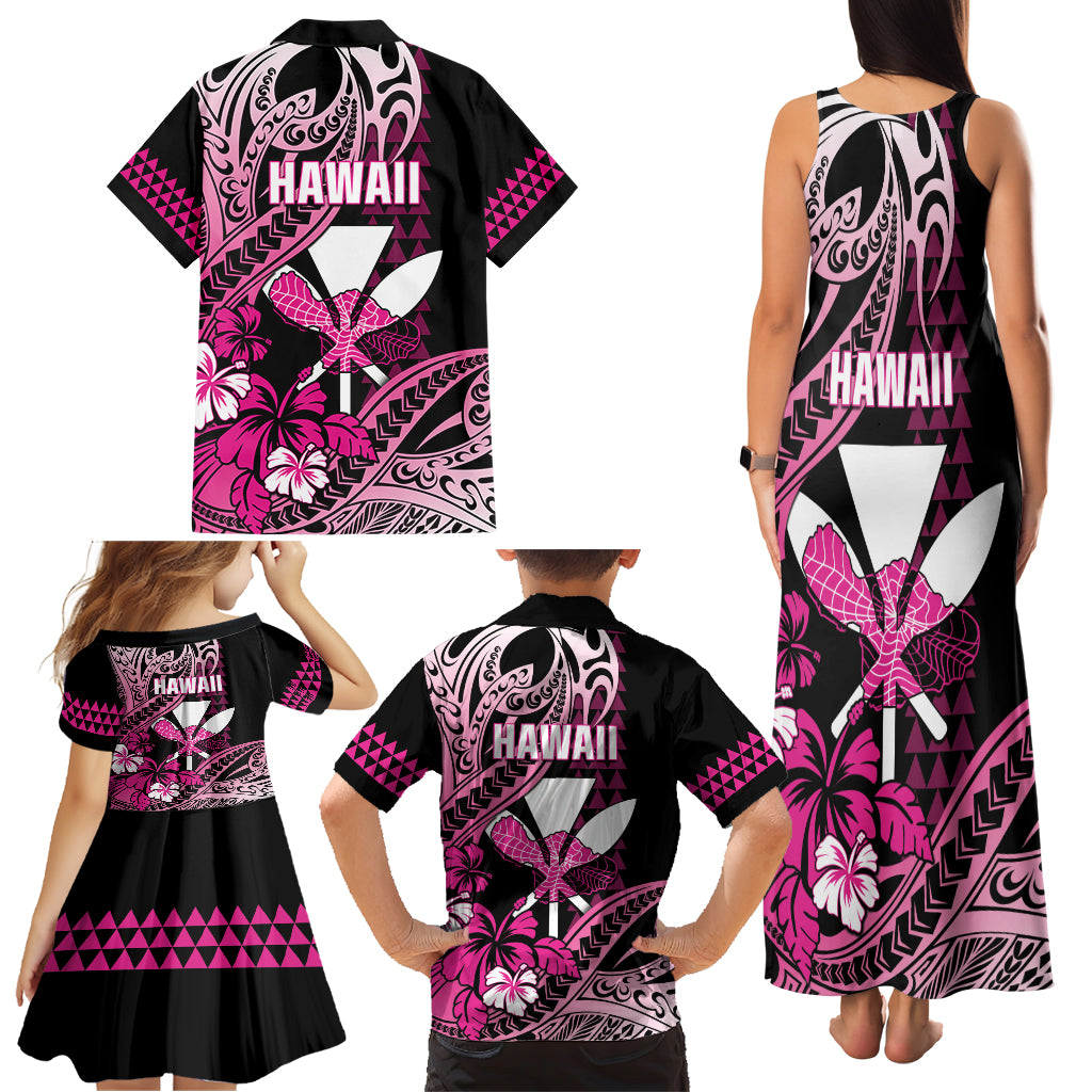 Hawaii Maui Upena Kiloi Family Matching Tank Maxi Dress and Hawaiian Shirt Kakau Tribal Pattern Pink Version