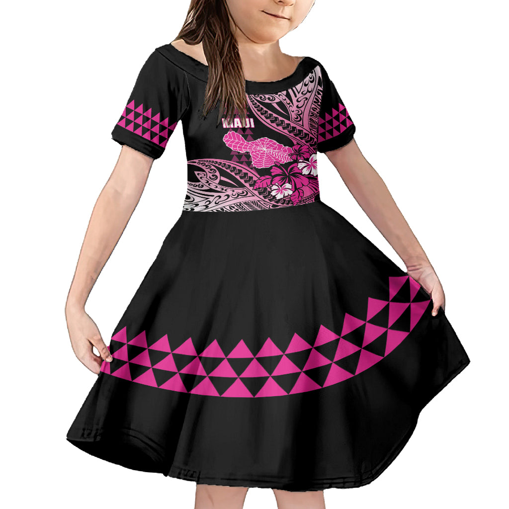 Hawaii Maui Upena Kiloi Kid Short Sleeve Dress Kakau Tribal Pattern Pink Version