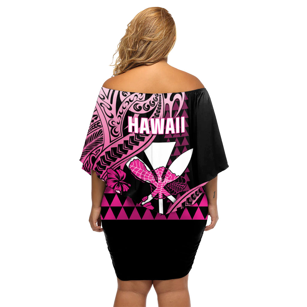 Hawaii Maui Upena Kiloi Off Shoulder Short Dress Kakau Tribal Pattern Pink Version