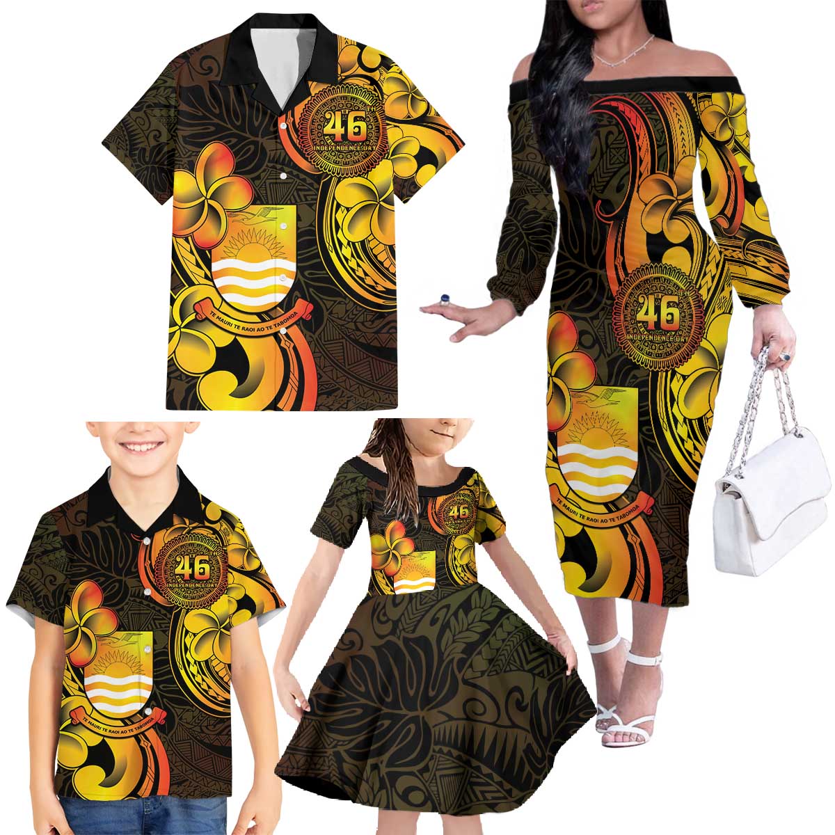 Personalised Kiribati Independence Day Family Matching Off The Shoulder Long Sleeve Dress and Hawaiian Shirt 46th Anniversary
