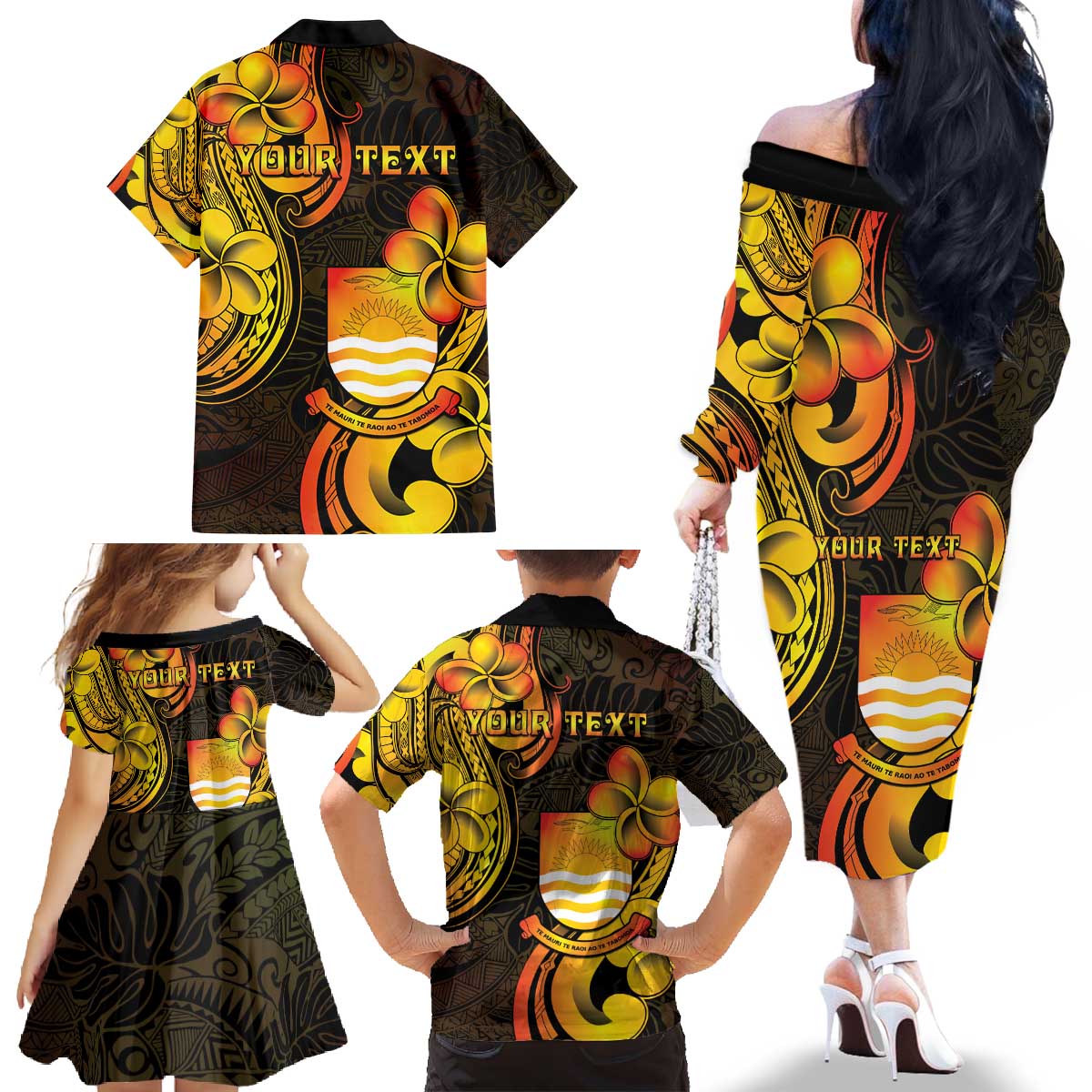 Personalised Kiribati Independence Day Family Matching Off The Shoulder Long Sleeve Dress and Hawaiian Shirt 46th Anniversary