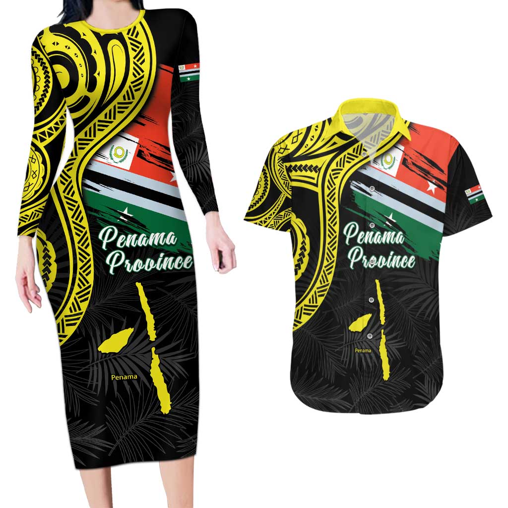 Personalised Vanuatu Penama Day Couples Matching Long Sleeve Bodycon Dress and Hawaiian Shirt Grunge Flag Style - Polynesian Pride
