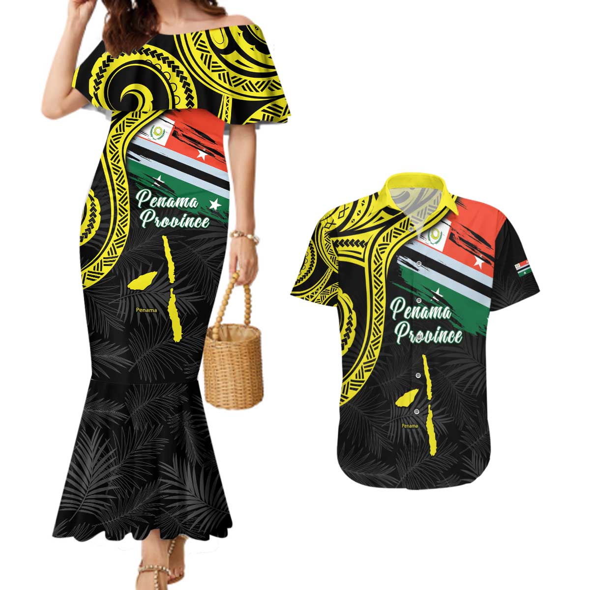 Personalised Vanuatu Penama Day Couples Matching Mermaid Dress and Hawaiian Shirt Grunge Flag Style - Polynesian Pride