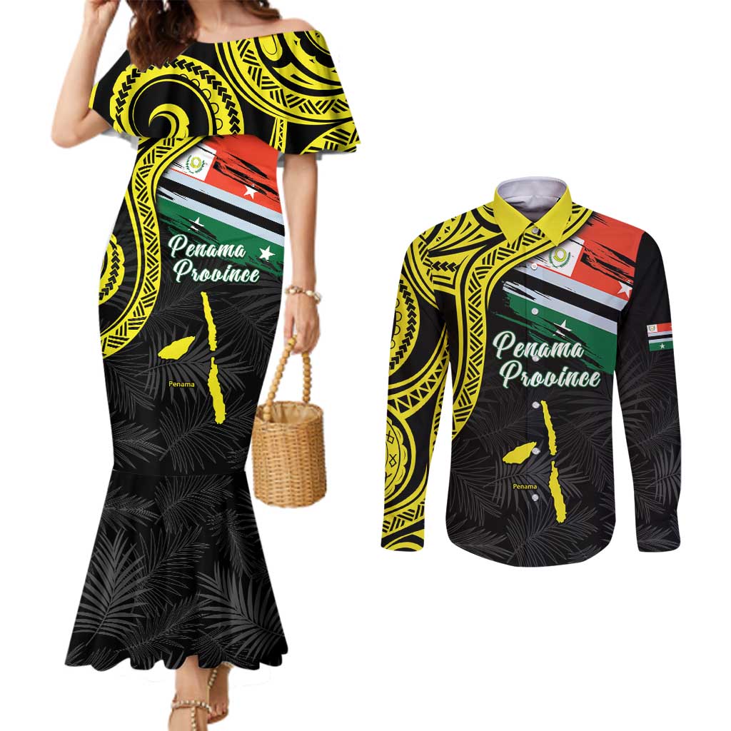 Personalised Vanuatu Penama Day Couples Matching Mermaid Dress and Long Sleeve Button Shirt Grunge Flag Style - Polynesian Pride