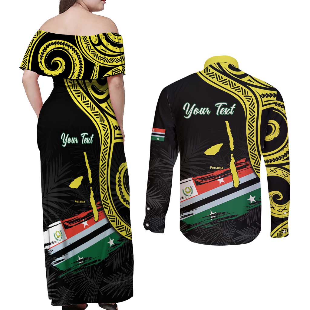 Personalised Vanuatu Penama Day Couples Matching Off Shoulder Maxi Dress and Long Sleeve Button Shirt Grunge Flag Style - Polynesian Pride