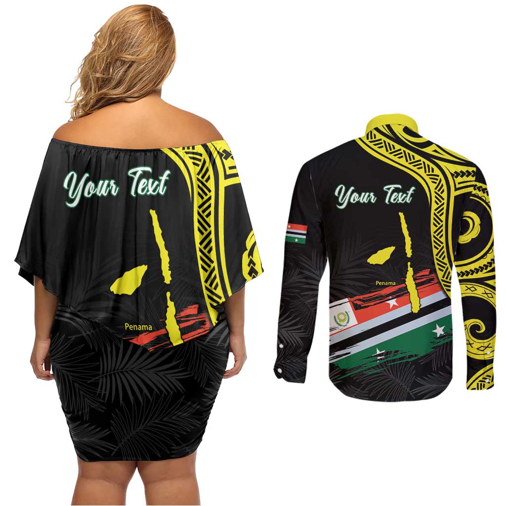 Personalised Vanuatu Penama Day Couples Matching Off Shoulder Short Dress and Long Sleeve Button Shirt Grunge Flag Style - Polynesian Pride