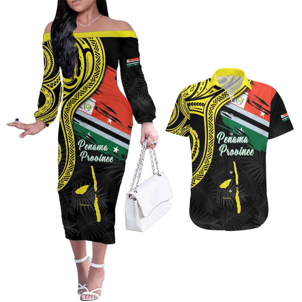 Personalised Vanuatu Penama Day Couples Matching Off The Shoulder Long Sleeve Dress and Hawaiian Shirt Grunge Flag Style - Polynesian Pride