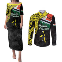 Personalised Vanuatu Penama Day Couples Matching Puletasi and Long Sleeve Button Shirt Grunge Flag Style - Polynesian Pride