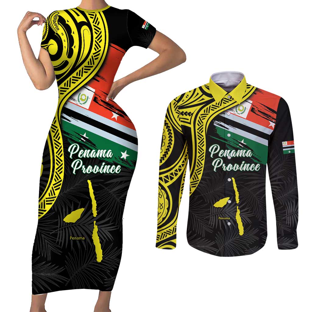 Personalised Vanuatu Penama Day Couples Matching Short Sleeve Bodycon Dress and Long Sleeve Button Shirt Grunge Flag Style - Polynesian Pride