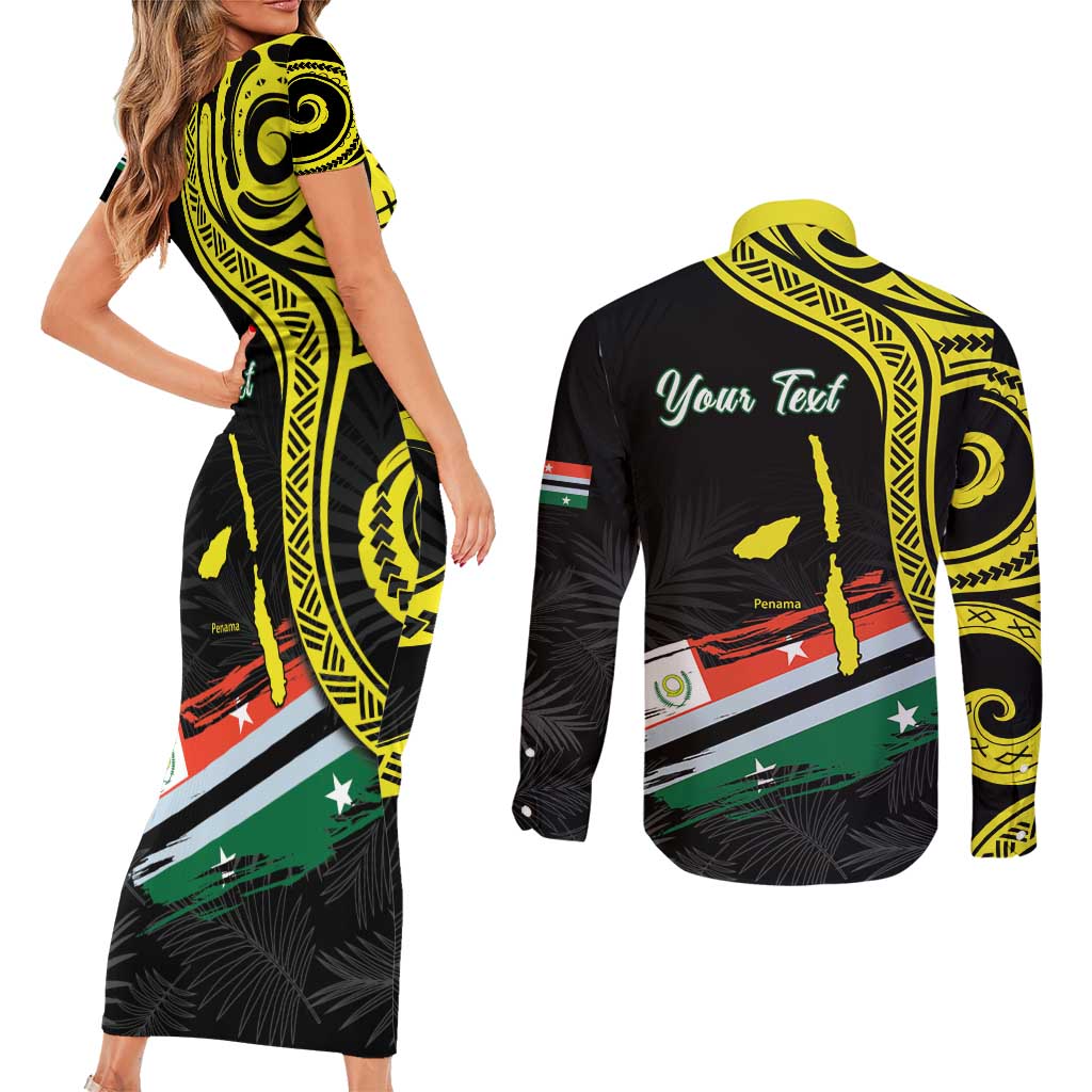 Personalised Vanuatu Penama Day Couples Matching Short Sleeve Bodycon Dress and Long Sleeve Button Shirt Grunge Flag Style - Polynesian Pride