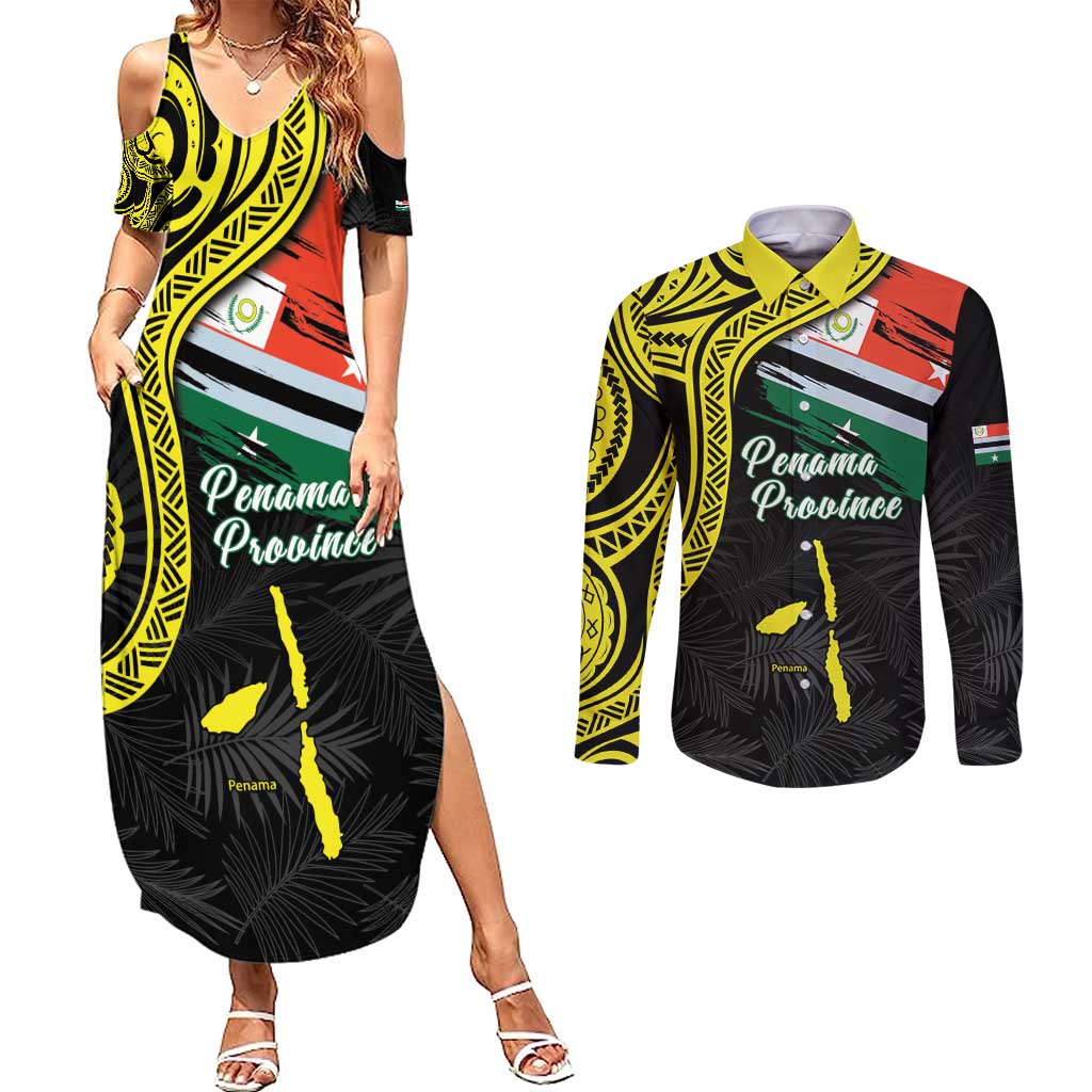 Personalised Vanuatu Penama Day Couples Matching Summer Maxi Dress and Long Sleeve Button Shirt Grunge Flag Style - Polynesian Pride