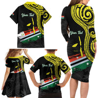 Personalised Vanuatu Penama Day Family Matching Long Sleeve Bodycon Dress and Hawaiian Shirt Grunge Flag Style - Polynesian Pride