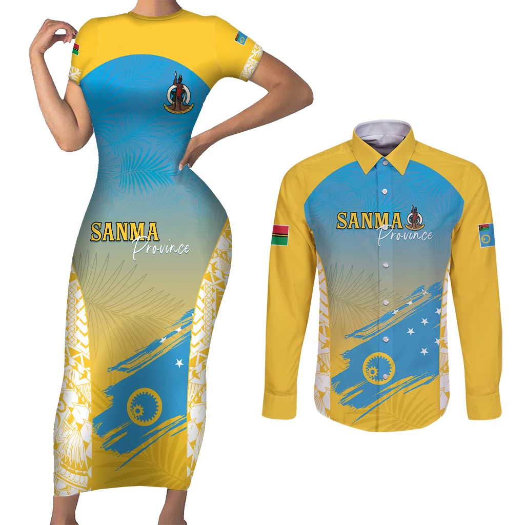 Personalised Vanuatu Sanma Day Couples Matching Short Sleeve Bodycon Dress and Long Sleeve Button Shirt Special Style - Polynesian Pride