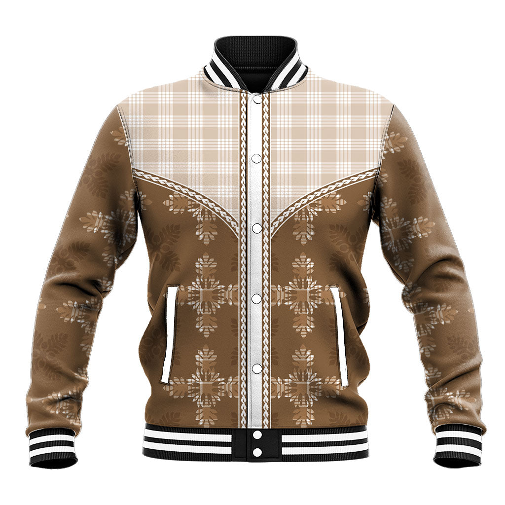 Beige Hawaii Paniolo Quilt Motif Baseball Jacket
