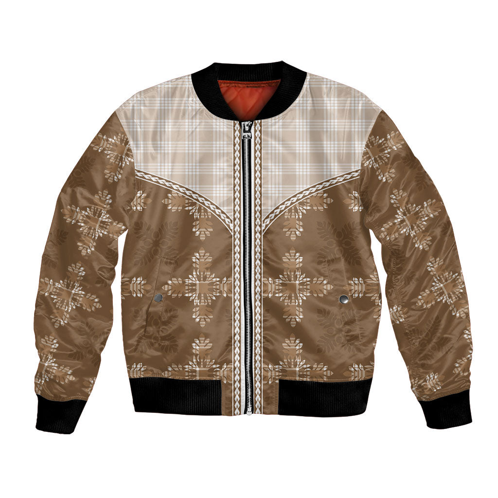 Beige Hawaii Paniolo Quilt Motif Bomber Jacket