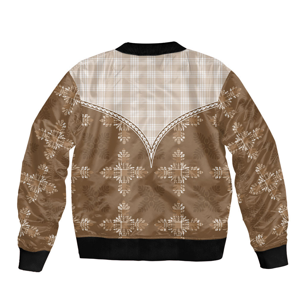Beige Hawaii Paniolo Quilt Motif Bomber Jacket