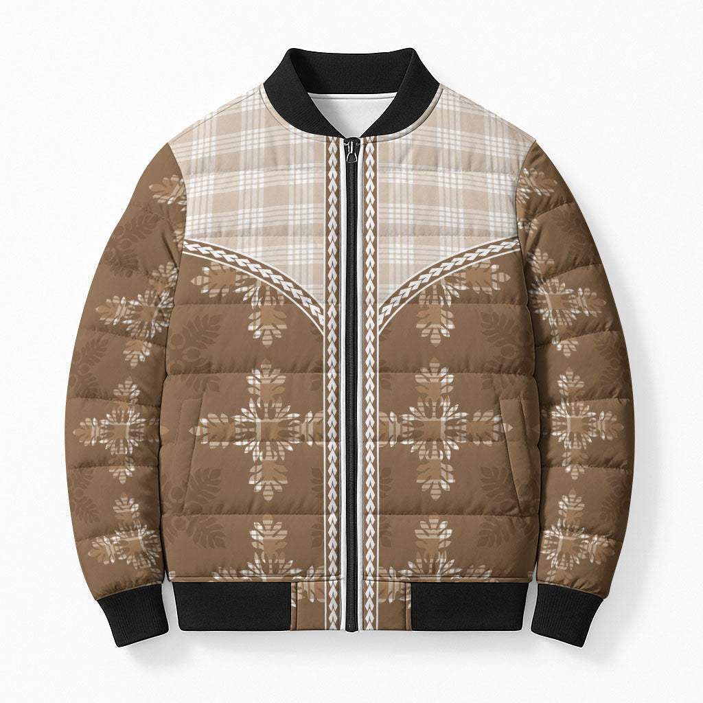 Beige Hawaii Paniolo Quilt Motif Bomber Puffer Jacket