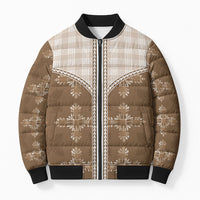 Beige Hawaii Paniolo Quilt Motif Bomber Puffer Jacket