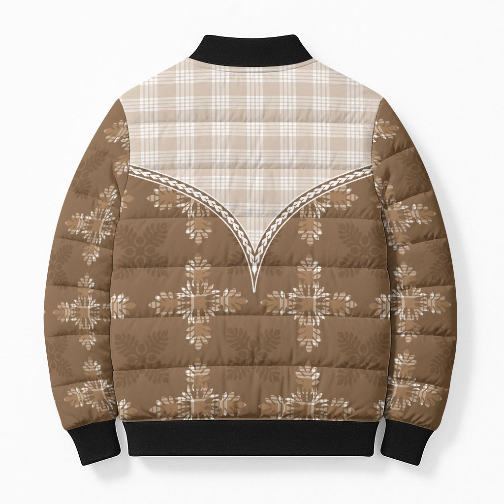 Beige Hawaii Paniolo Quilt Motif Bomber Puffer Jacket
