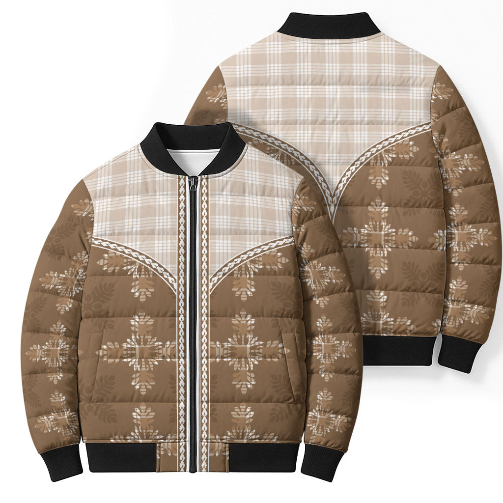 Beige Hawaii Paniolo Quilt Motif Bomber Puffer Jacket
