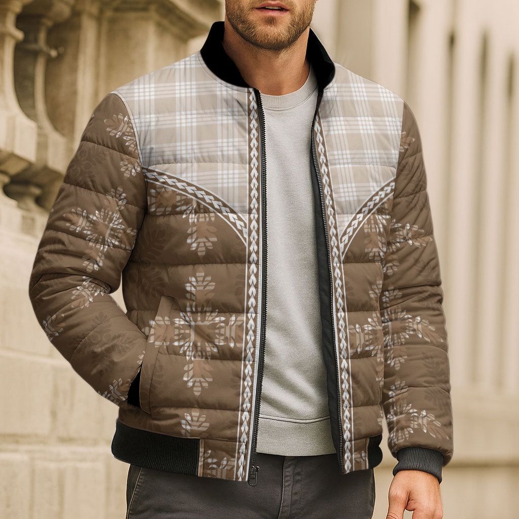 Beige Hawaii Paniolo Quilt Motif Bomber Puffer Jacket