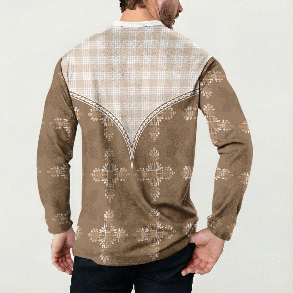 Beige Hawaii Paniolo Quilt Motif Button Sweatshirt