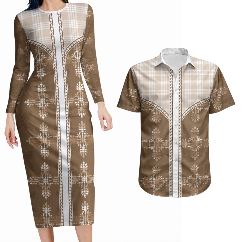 Beige Hawaii Paniolo Quilt Motif Couples Matching Long Sleeve Bodycon Dress and Hawaiian Shirt