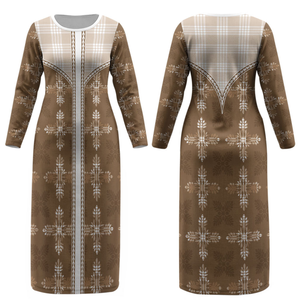 Beige Hawaii Paniolo Quilt Motif Couples Matching Long Sleeve Bodycon Dress and Hawaiian Shirt