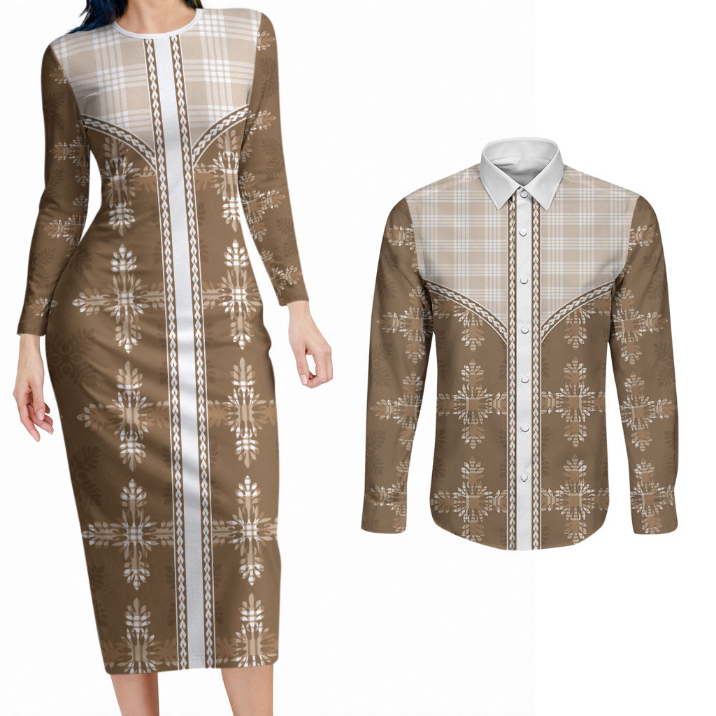 Beige Hawaii Paniolo Quilt Motif Couples Matching Long Sleeve Bodycon Dress and Long Sleeve Button Shirt