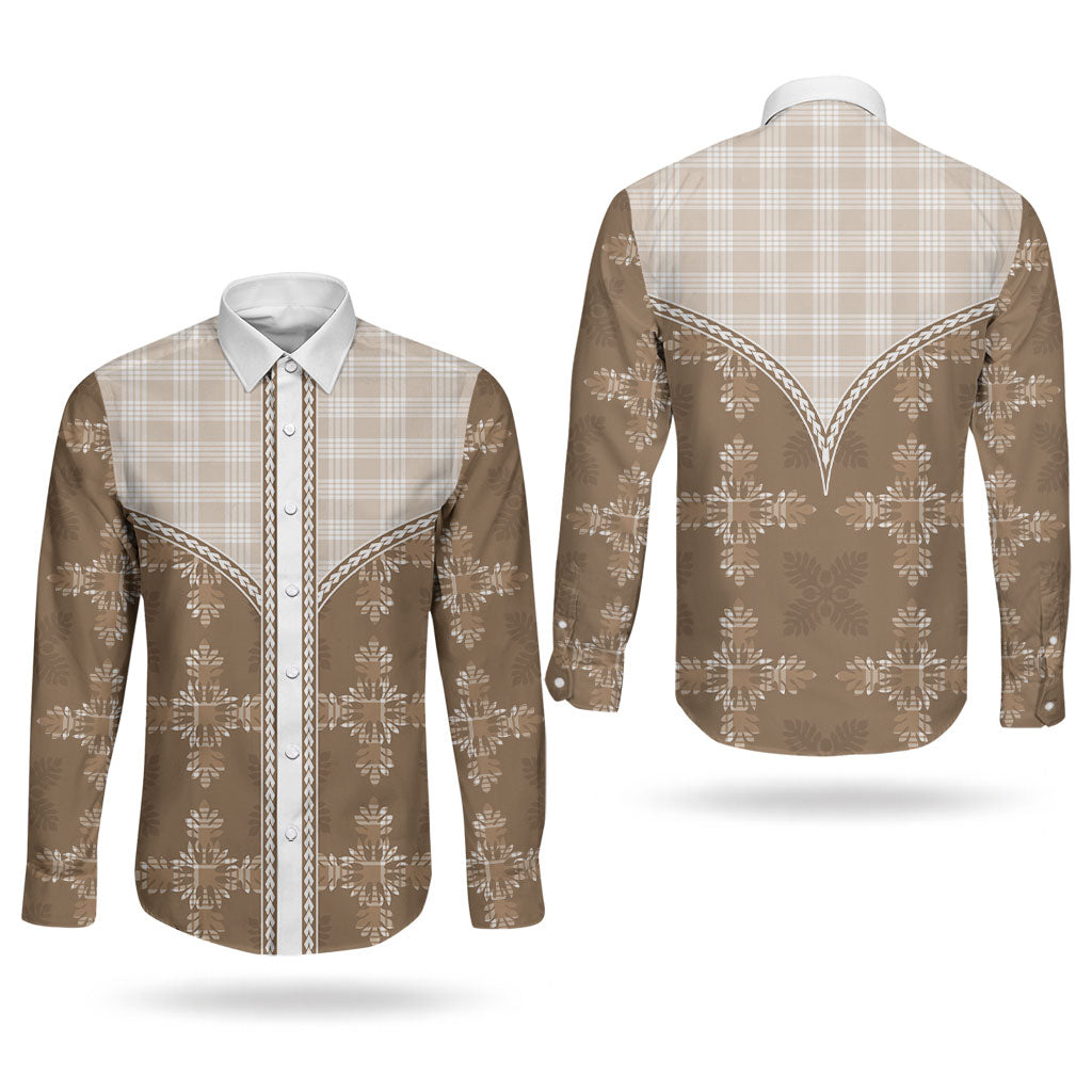 Beige Hawaii Paniolo Quilt Motif Couples Matching Long Sleeve Bodycon Dress and Long Sleeve Button Shirt