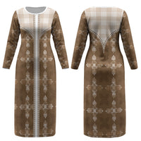 Beige Hawaii Paniolo Quilt Motif Couples Matching Long Sleeve Bodycon Dress and Long Sleeve Button Shirt