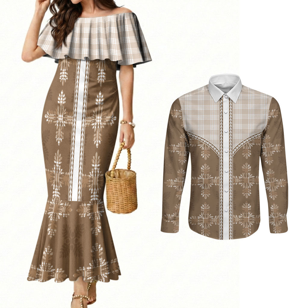 Beige Hawaii Paniolo Quilt Motif Couples Matching Mermaid Dress and Long Sleeve Button Shirt
