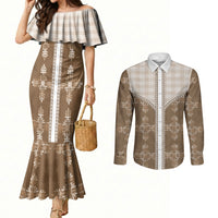 Beige Hawaii Paniolo Quilt Motif Couples Matching Mermaid Dress and Long Sleeve Button Shirt