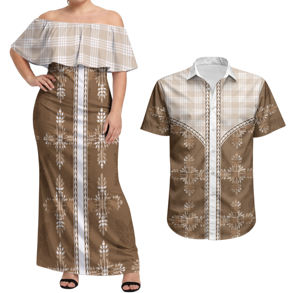 Beige Hawaii Paniolo Quilt Motif Couples Matching Off Shoulder Maxi Dress and Hawaiian Shirt