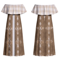 Beige Hawaii Paniolo Quilt Motif Couples Matching Off Shoulder Maxi Dress and Hawaiian Shirt