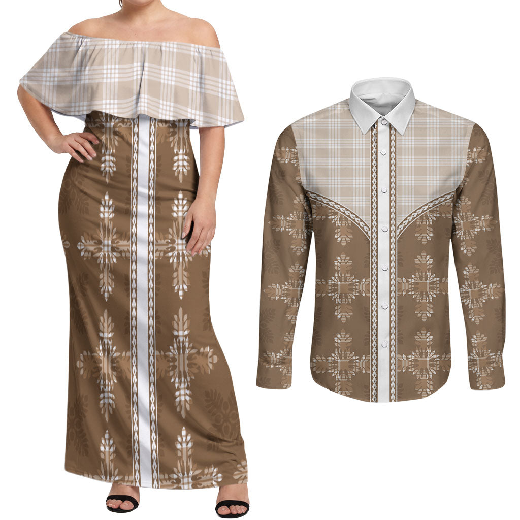 Beige Hawaii Paniolo Quilt Motif Couples Matching Off Shoulder Maxi Dress and Long Sleeve Button Shirt