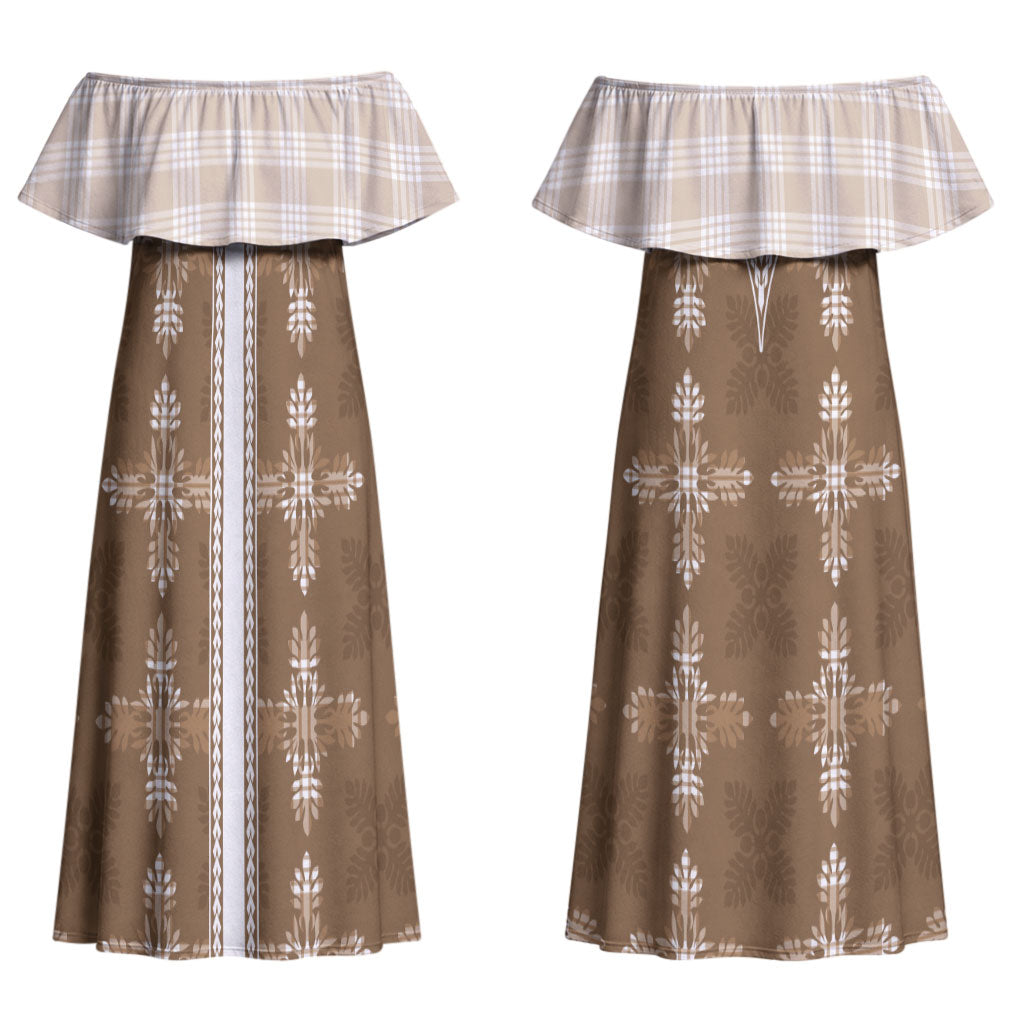Beige Hawaii Paniolo Quilt Motif Couples Matching Off Shoulder Maxi Dress and Long Sleeve Button Shirt