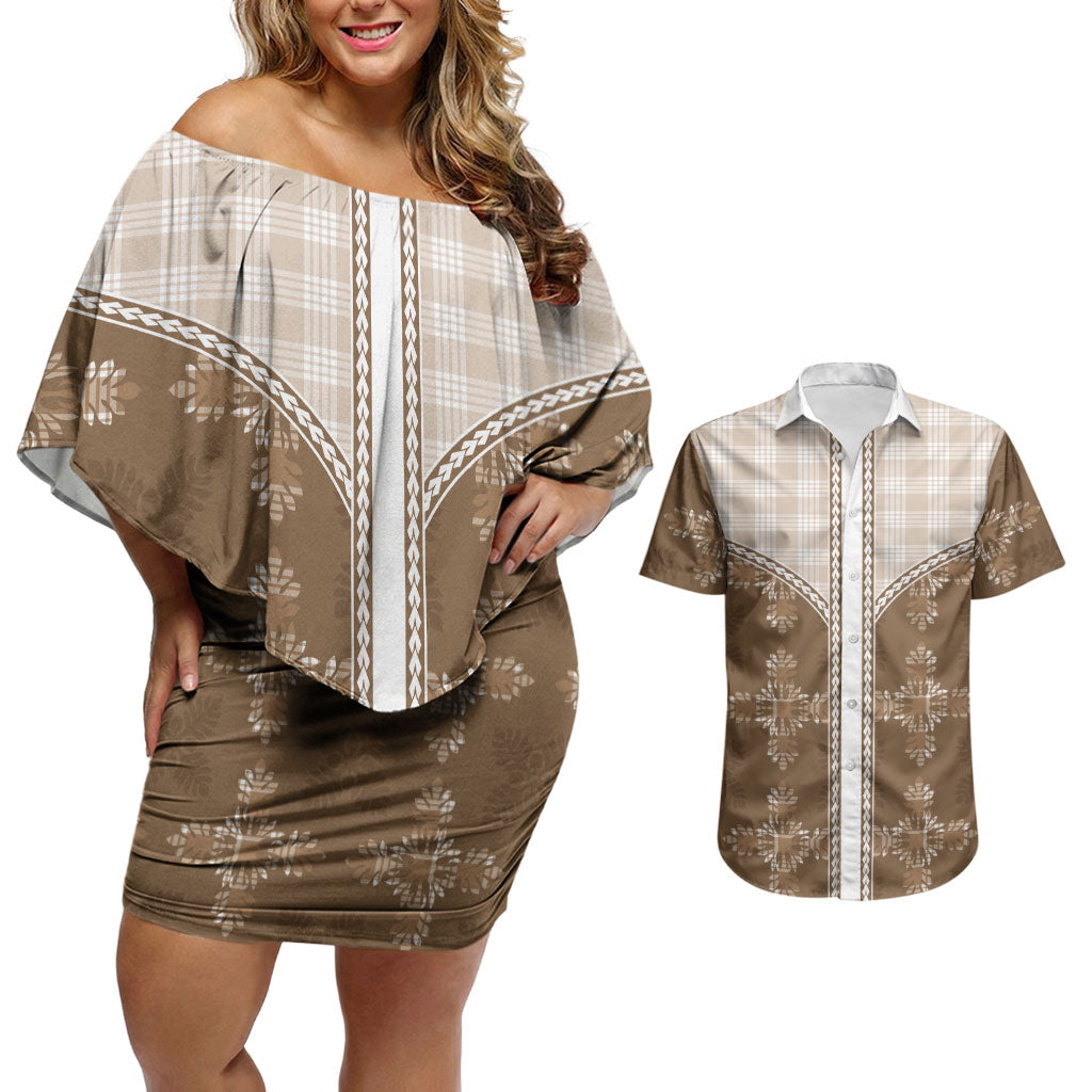 Beige Hawaii Paniolo Quilt Motif Couples Matching Off Shoulder Short Dress and Hawaiian Shirt
