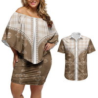 Beige Hawaii Paniolo Quilt Motif Couples Matching Off Shoulder Short Dress and Hawaiian Shirt
