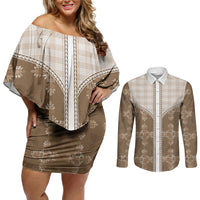 Beige Hawaii Paniolo Quilt Motif Couples Matching Off Shoulder Short Dress and Long Sleeve Button Shirt