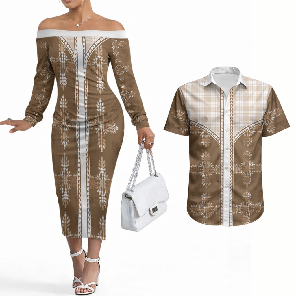 Beige Hawaii Paniolo Quilt Motif Couples Matching Off The Shoulder Long Sleeve Dress and Hawaiian Shirt