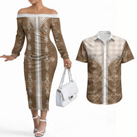 Beige Hawaii Paniolo Quilt Motif Couples Matching Off The Shoulder Long Sleeve Dress and Hawaiian Shirt