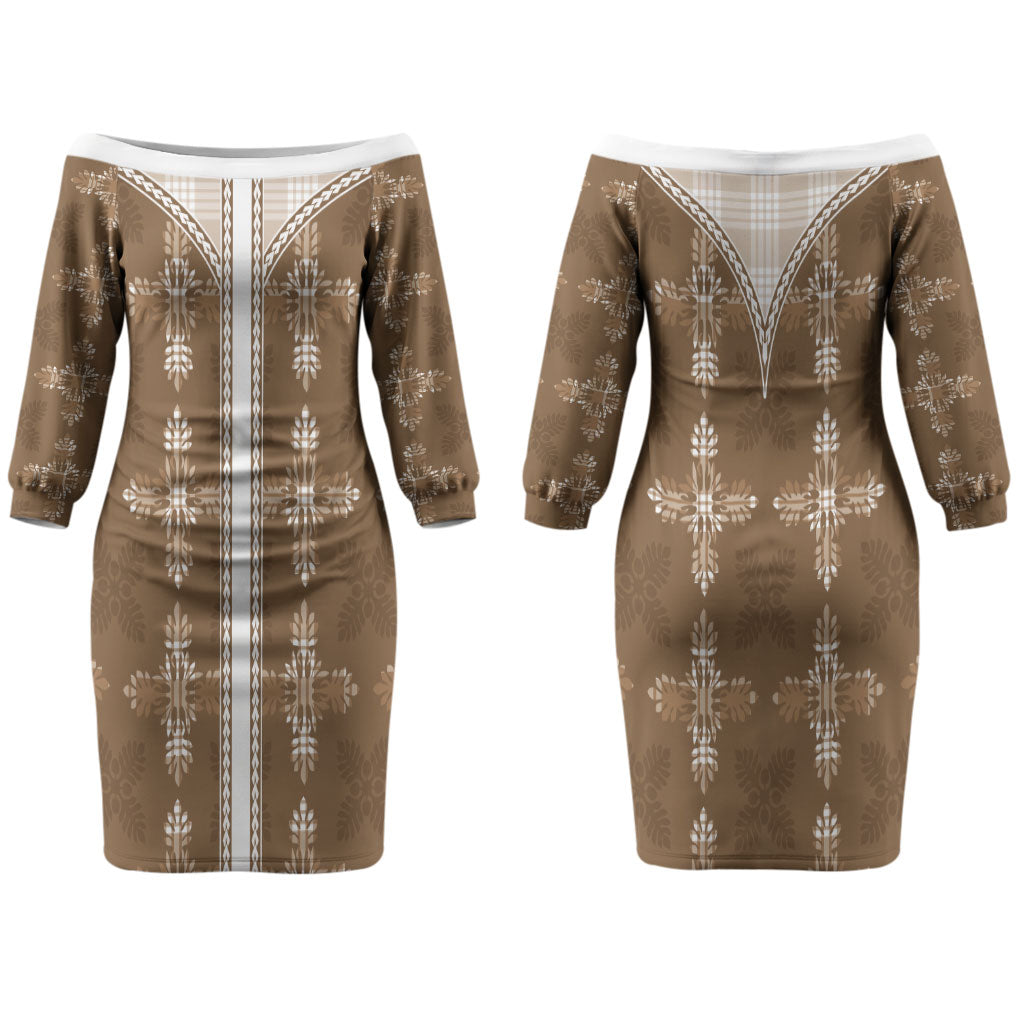 Beige Hawaii Paniolo Quilt Motif Couples Matching Off The Shoulder Long Sleeve Dress and Hawaiian Shirt