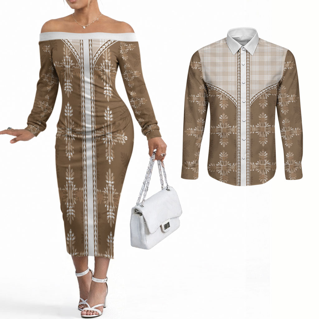 Beige Hawaii Paniolo Quilt Motif Couples Matching Off The Shoulder Long Sleeve Dress and Long Sleeve Button Shirt