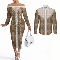 Beige Hawaii Paniolo Quilt Motif Couples Matching Off The Shoulder Long Sleeve Dress and Long Sleeve Button Shirt